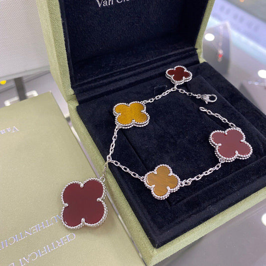 ¡®AuraJewelry¡¯CLOVER 5 MOTIFS SIVLER CARNELIAN TIGER EYE BRACELET