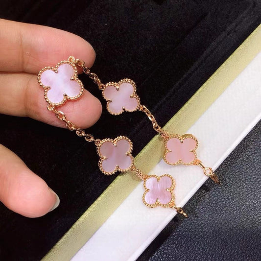 [AuraJewelry]CLOVER 5 MOTIFS Pink  AGATE  BRACELET