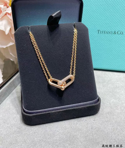 [AuraJewelry]T House Diamond-Set Double Chain Link Pendant Necklace