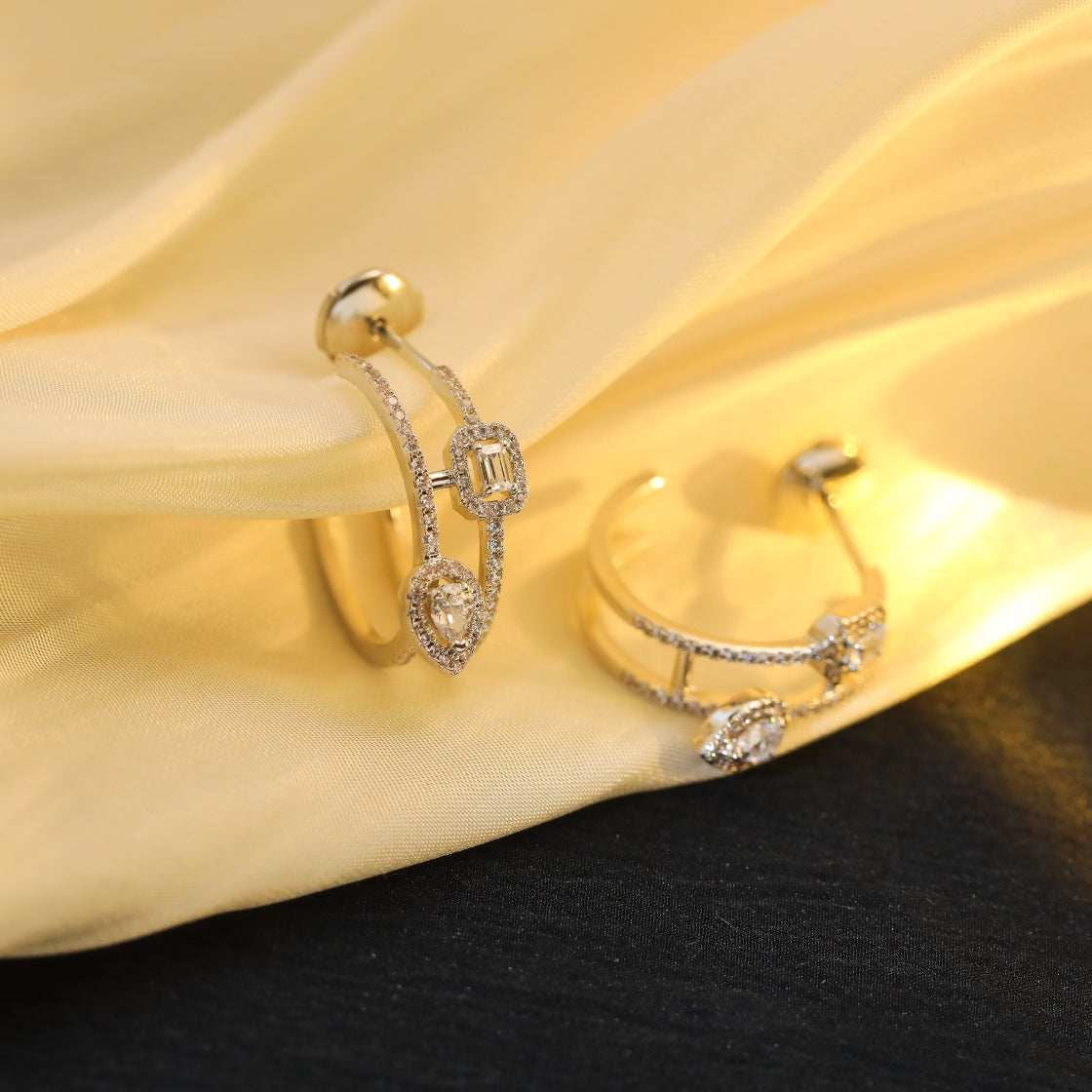 [AuraJewelry]CREOLES MY TWIN 2 RANGS SILVER DIAMOND EARRINGS