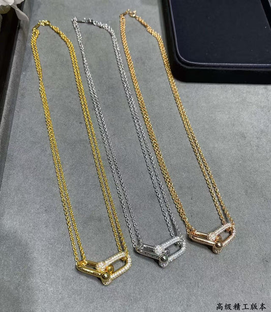 [AuraJewelry]T House Diamond-Set Double Chain Link Pendant Necklace